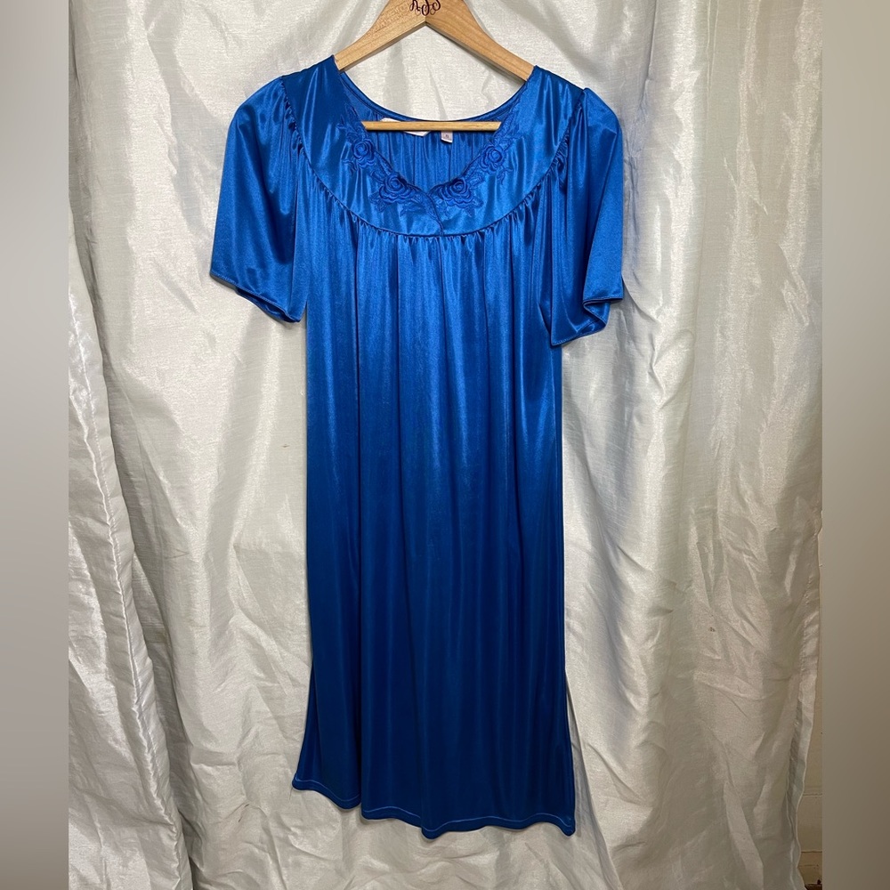 VTG 90’s Royal Blue Satin Floral Print Chemise Slip Short Sleeve Dress